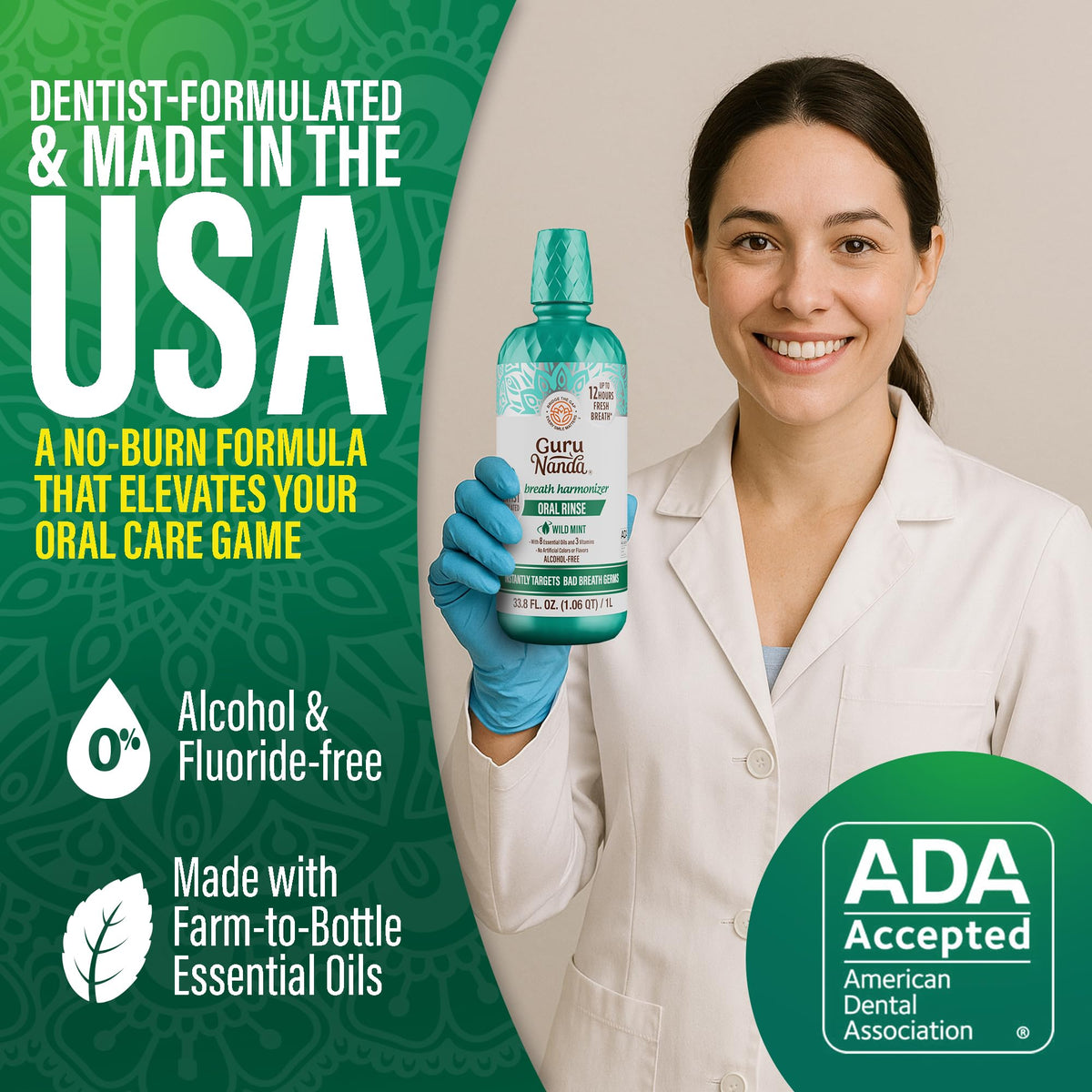 GuruNanda Fresh Breath Mouthwash – 12-Hour Fresh Breath & Helps Fight Bad Breath – ADA Accepted, Alcohol & Fluoride-Free Oral Rinse, Wild Mint - 16 oz, Pack of 2