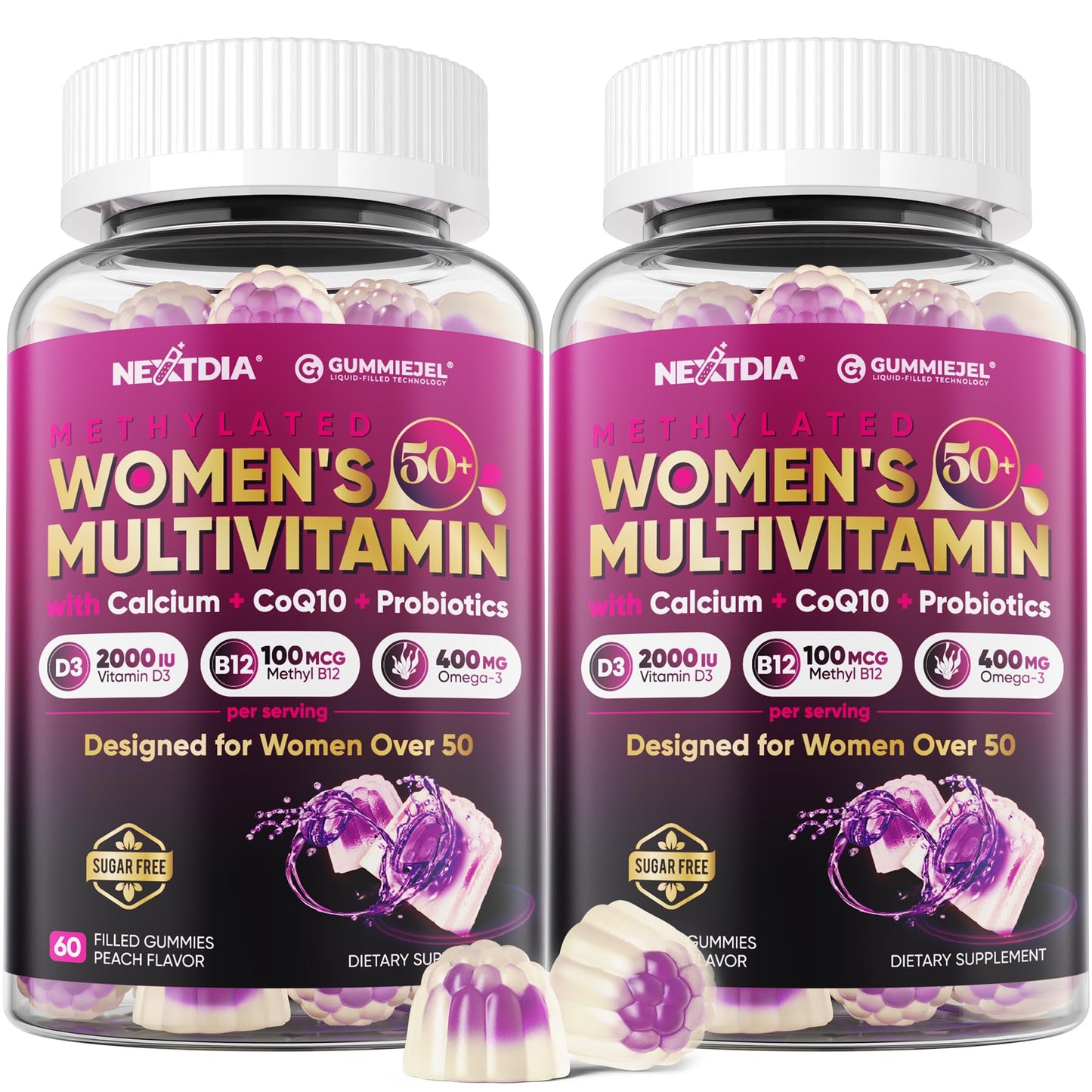 Multivitamin for Women 50 Plus Gummies, Vegan Omega 3, Methylfolate, Calcium, D3 K2, Probiotics CoQ10, Daily Vitamin A C E Methylated B12 Biotin B Complex Zinc -Bone Energy Longevity -Sugar Free 60Cts