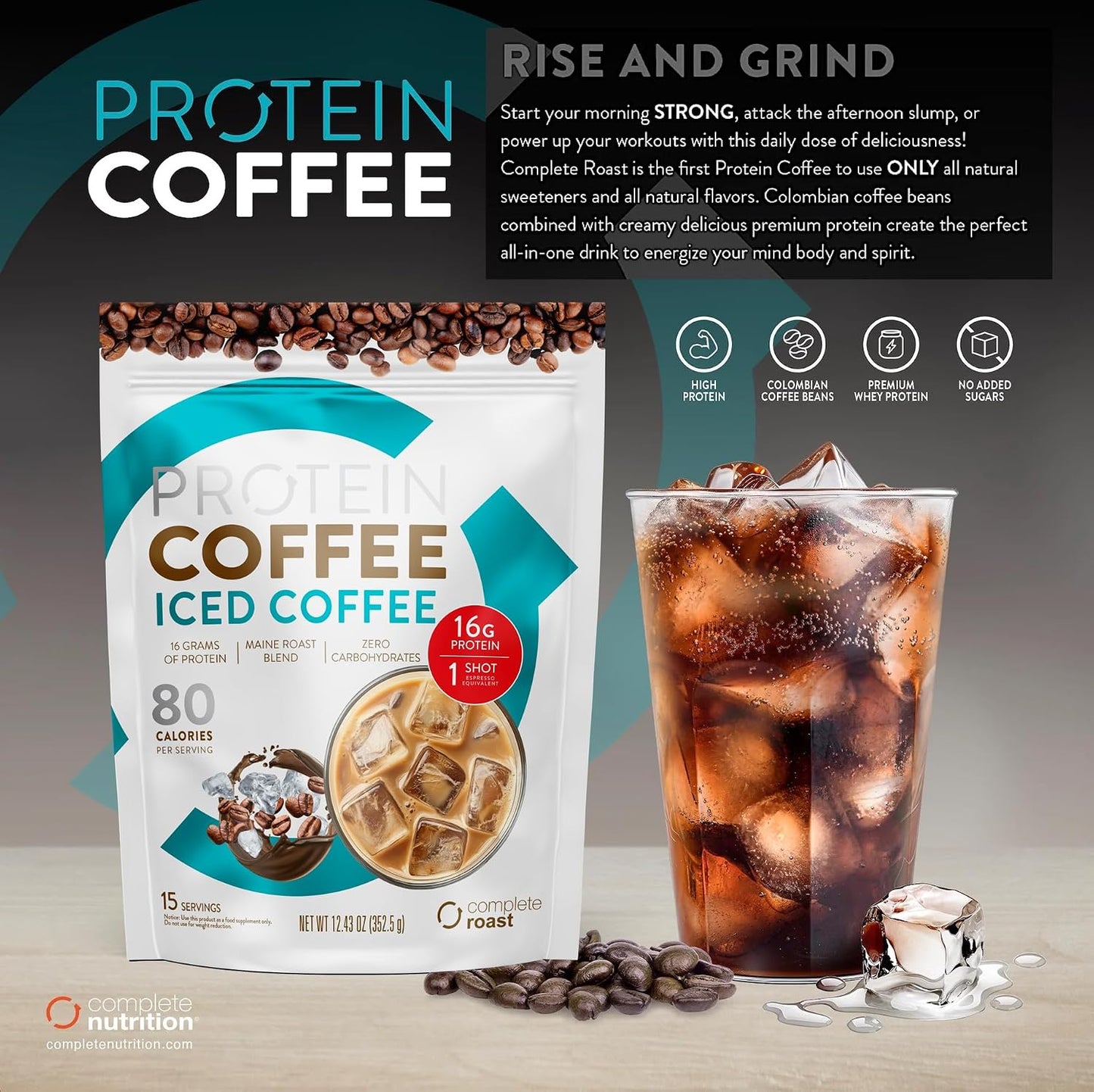 Complete Roast Iced Protein Coffee - 16g Protein, 0 Carbs, Non GMO Whey- 30 serv.