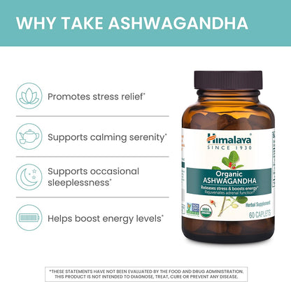 Himalaya USDA Organic Ashwagandha Root, 670 mg, 60 Day Supply, 60 Caplets