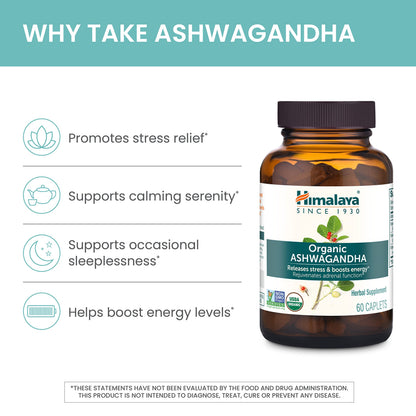 Himalaya USDA Organic Ashwagandha Root, 670 mg, 60 Day Supply, 60 Caplets