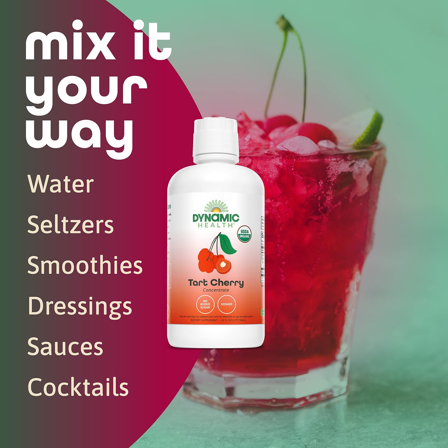 Dynamic Health Organic Tart Cherry Juice, Unsweetened 100% Juice Concentrate, Antioxidants Supplement, No Sweeteners or Additives, Vegan, Gluten Free, BPA Free (32oz)