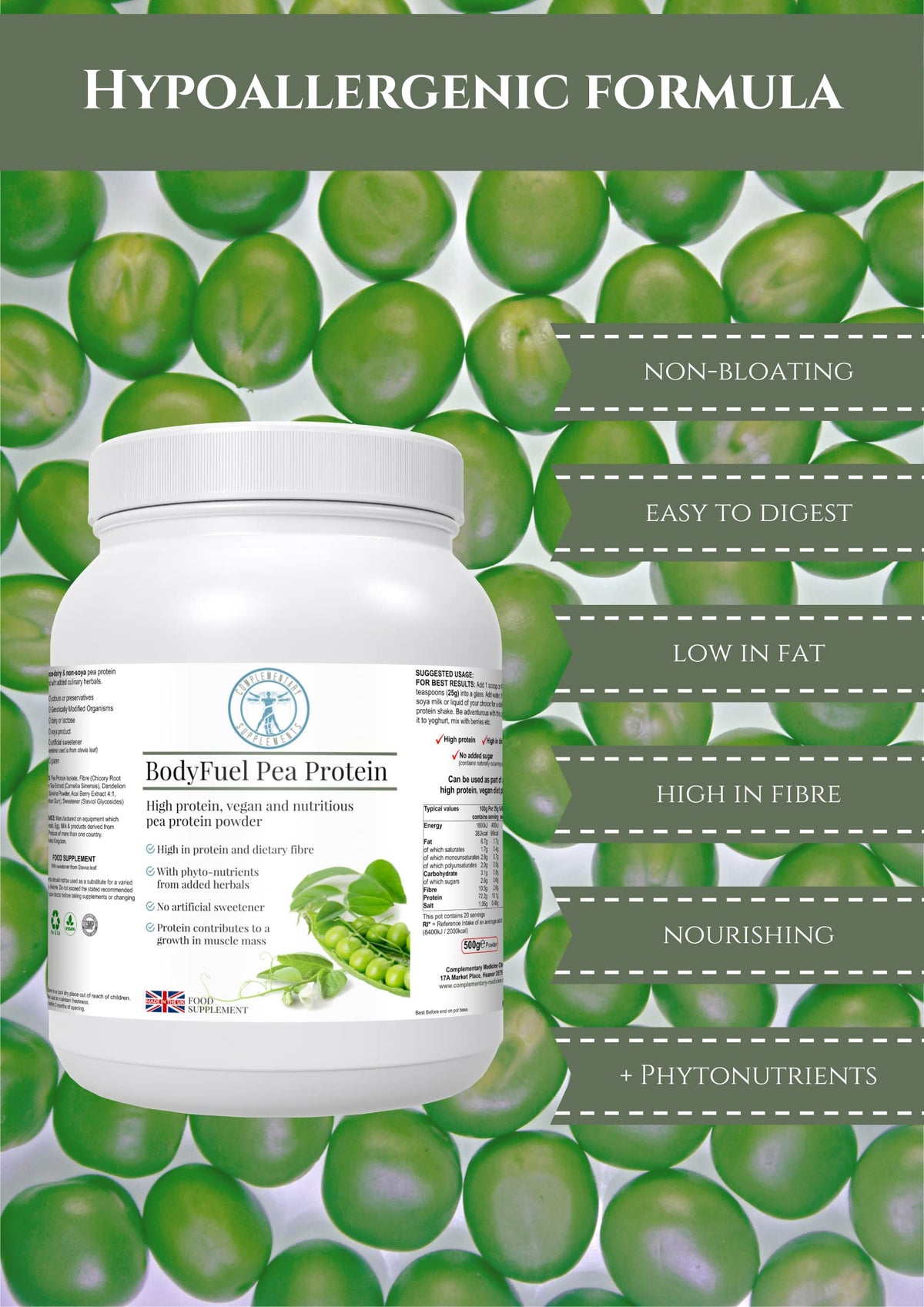 Complementary Supplements - BodyFuel Hypoallergenic Pea Protein Isolate Powder Plus Phytonutrients