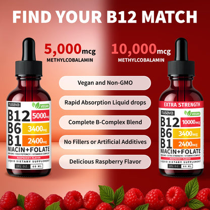 NUSAVA (2 Pack) Vitamin B12 Liquid Drops with B6, B1, Niacin & Folate — B12 Sublingual Vitamin B Complex, Methylcobalamin 5000 mcg, for Energy, Brain & Heart Support, Raspberry Flavor, 80 Servings