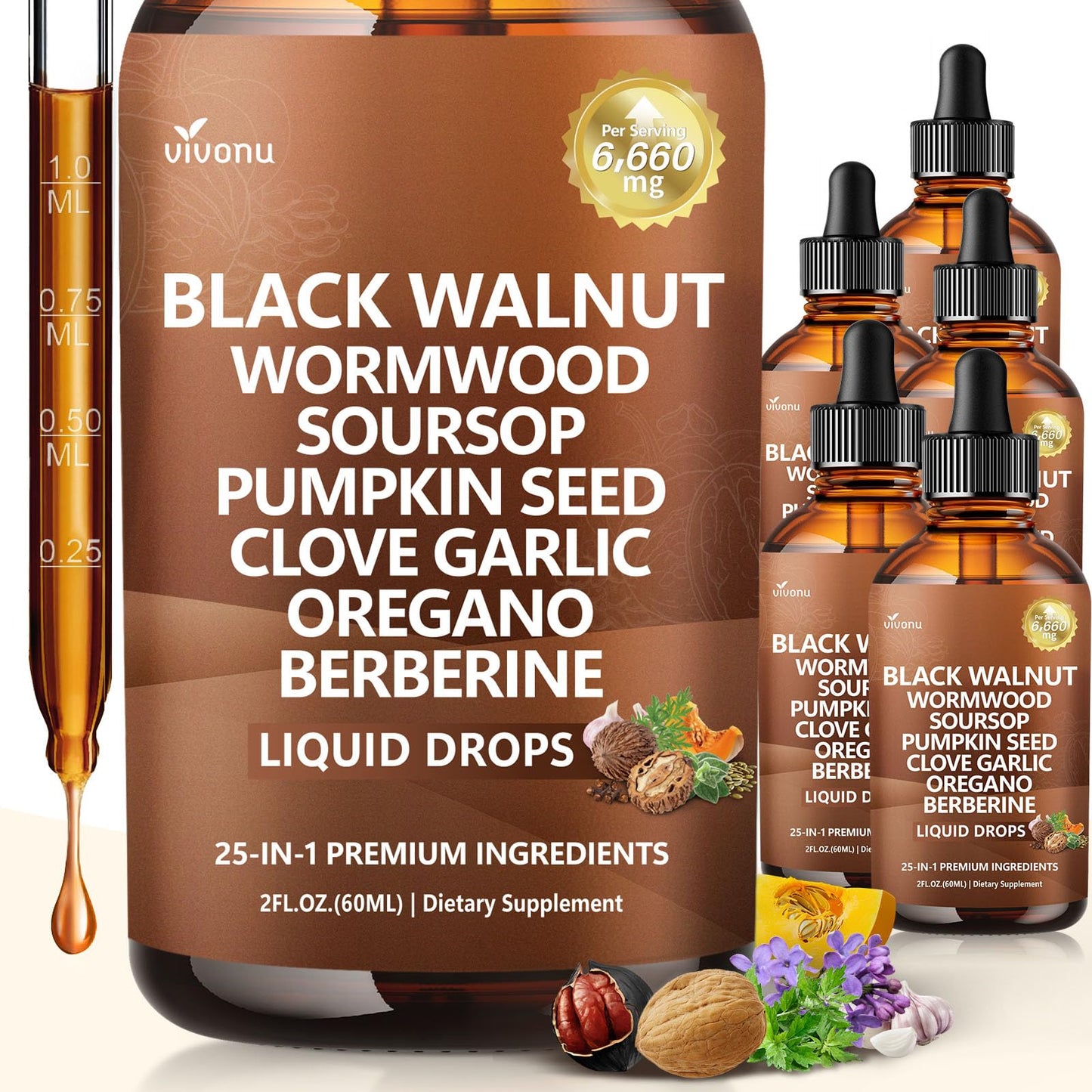 25-in-1 Black Walnut Wormwood Tincture for Liposomal, Cleanse for Humans Drops Liquid with Soursop, Garlic, Pumpkin Seed, Berberine, Oregano, Turmeric, Echinacea, Cinnamon, Fennel Seed Extract