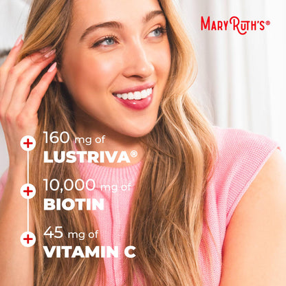 MaryRuth's Multivitamin + Hair Growth Gummies | with Lustriva® | Biotin 10000mcg | B Vitamins | Formulated for Thicker Hair, Wrinkles, Fine Lines, Skin Care | Ages 18+ | 30 Servings