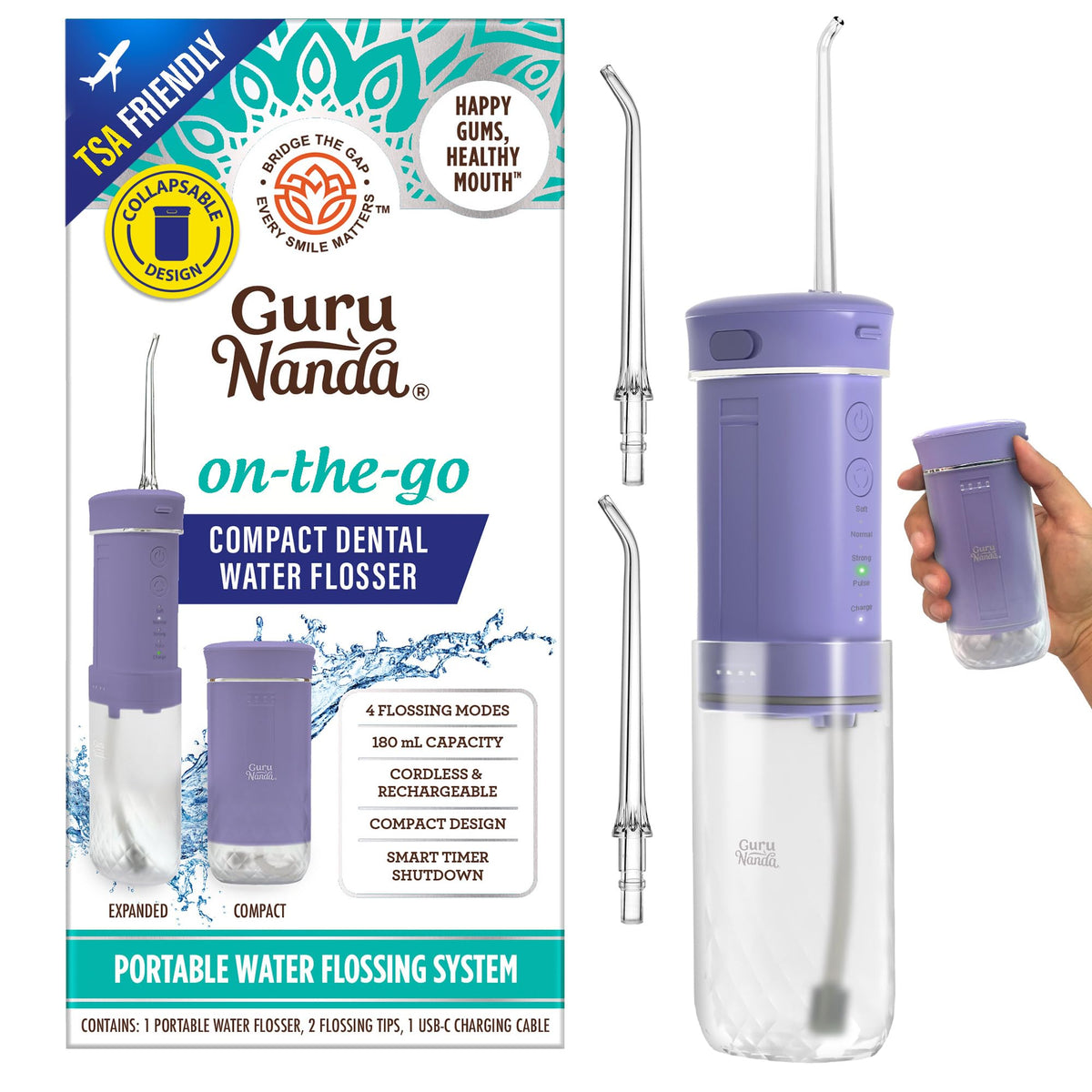 GuruNanda Portable Water Flosser Cordless, Sensitive Gums Friendly, 1ct