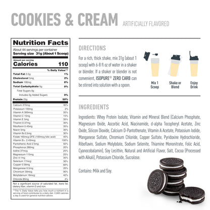 Isopure Zero Carb 100% Pure Whey Isolate Protein Powder, Gluten Free, With Vitamins, Cookies & Cream, 25g Protein Per Serving, 1 Lb, 15 Servings (Packaging May Vary)