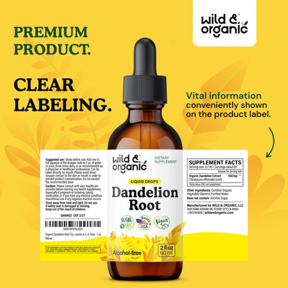 Wild & Organic Dandelion Root Extract Drops - Liver Cleanse Detox - Herbal Dandelion Tincture - Liver Support Supplement - Add to Tea - Vegan, Sugar & Alcohol-Free Liquid Drops - 4 fl oz