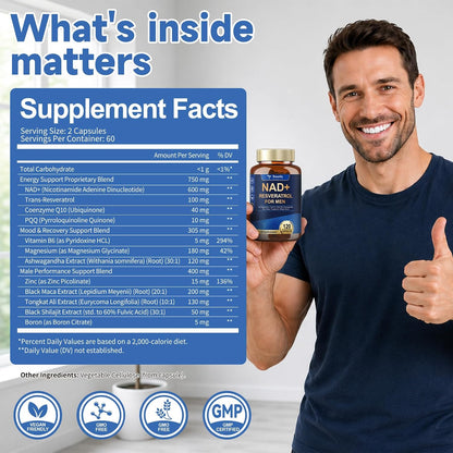 Totaria NAD+ Supplement for Men - NAD Trans-Resveratrol Supplement with CoQ10, PQQ, Magnesium,Ashwagandha – NMN & NMNH Alternative - Cell Energy & Vitality – 120 Capsules