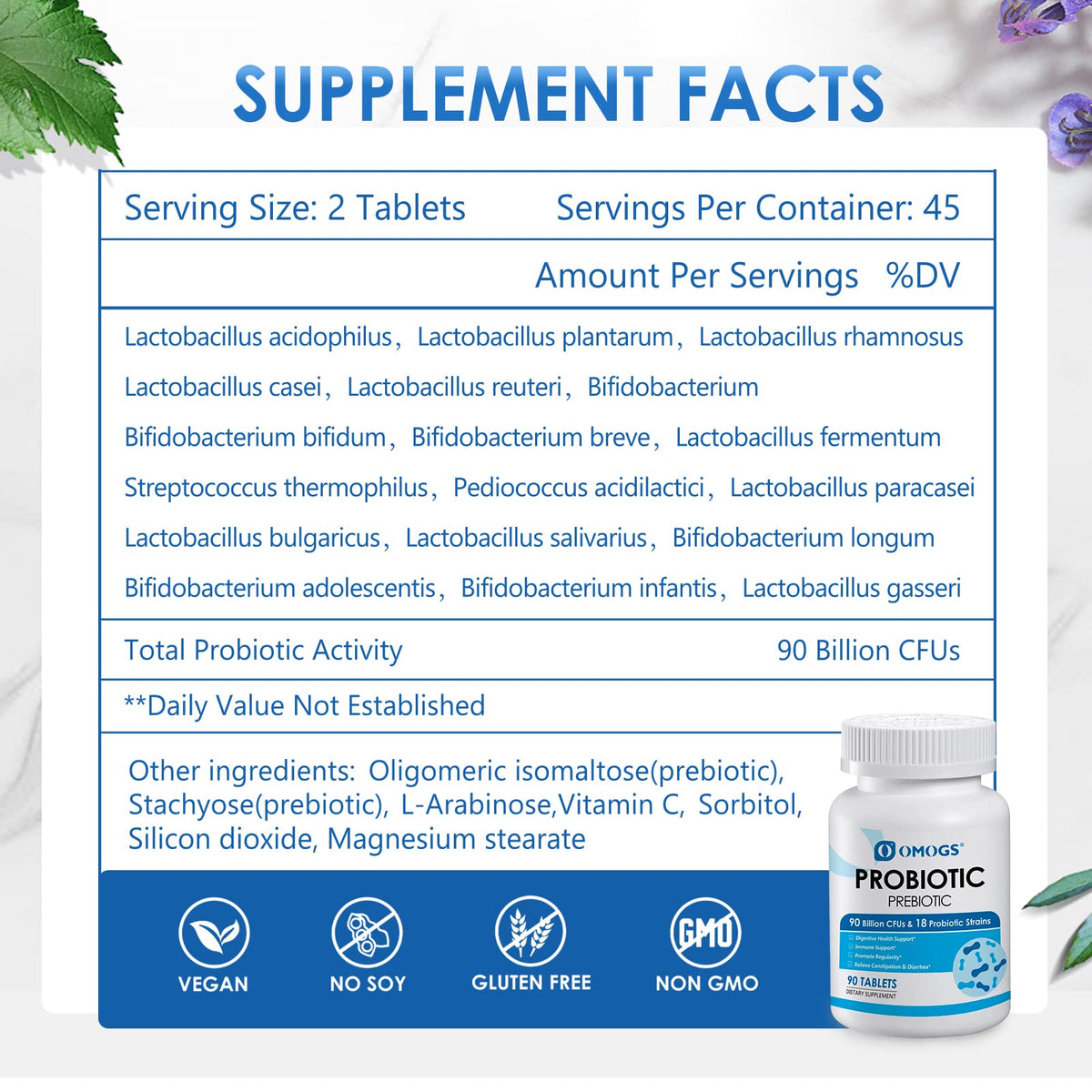 OMOGS Probiotics 90 Billion CFUs 18 Strains,with 3 Organic Prebiotic, Probiotics Supplement