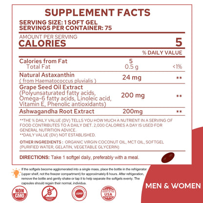 Astaxanthin Supplements 24mg, 5 Month Supply - Coconut MCT Oil, Fresh Microalgae Source w/Grape Seed Oil, Ashwagandha - Antioxidants for Healthy Skin, Eyes, Aging - Non-GMO & Gluten Free, 150 Softgels