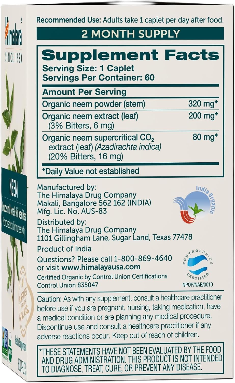 Himalaya USDA Organic Neem Herbal Supplement, 600 mg, 60 Caplets