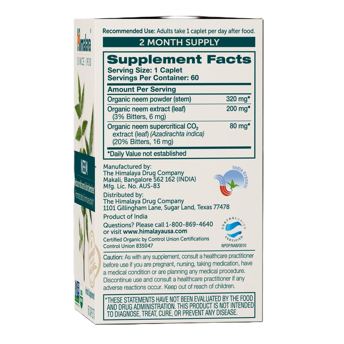 Himalaya USDA Organic Neem Herbal Supplement, 600 mg, 60 Caplets