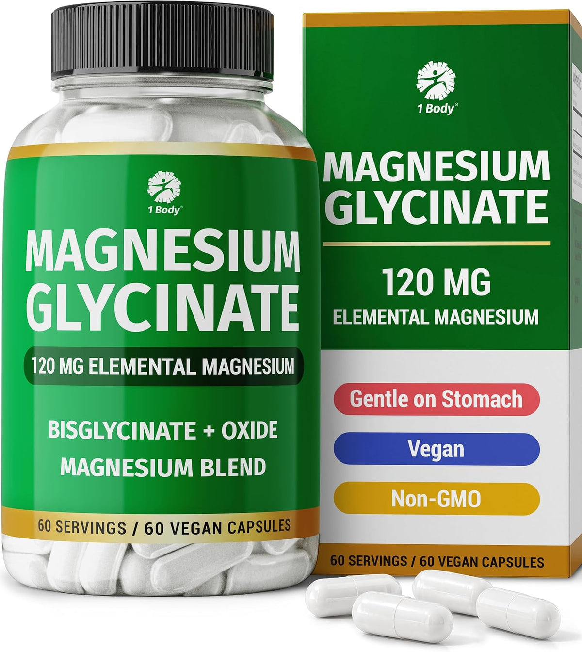 1 Body Magnesium Glycinate Complex, High Absorption, 60 Vegan Capsules