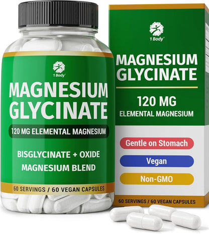 1 Body Magnesium Glycinate Complex, High Absorption, 60 Vegan Capsules