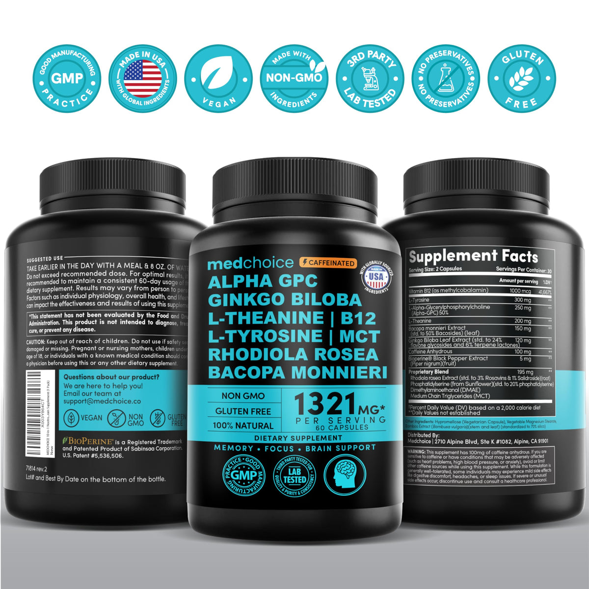 MEDCHOICE 12-in-1 Nootropic Brain Supplement with Caffeine, 60ct