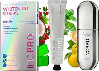 InoPro Teeth Whitening Strips 14 Treatments Kit + Peppermint Nano-Hydroxyapatite Whitening Toothpaste with Probiotic + Yuzu Citrus Foam Mouthwash with Nano-Hydroxyapatite, Xylitol, Hyaluronic Acid