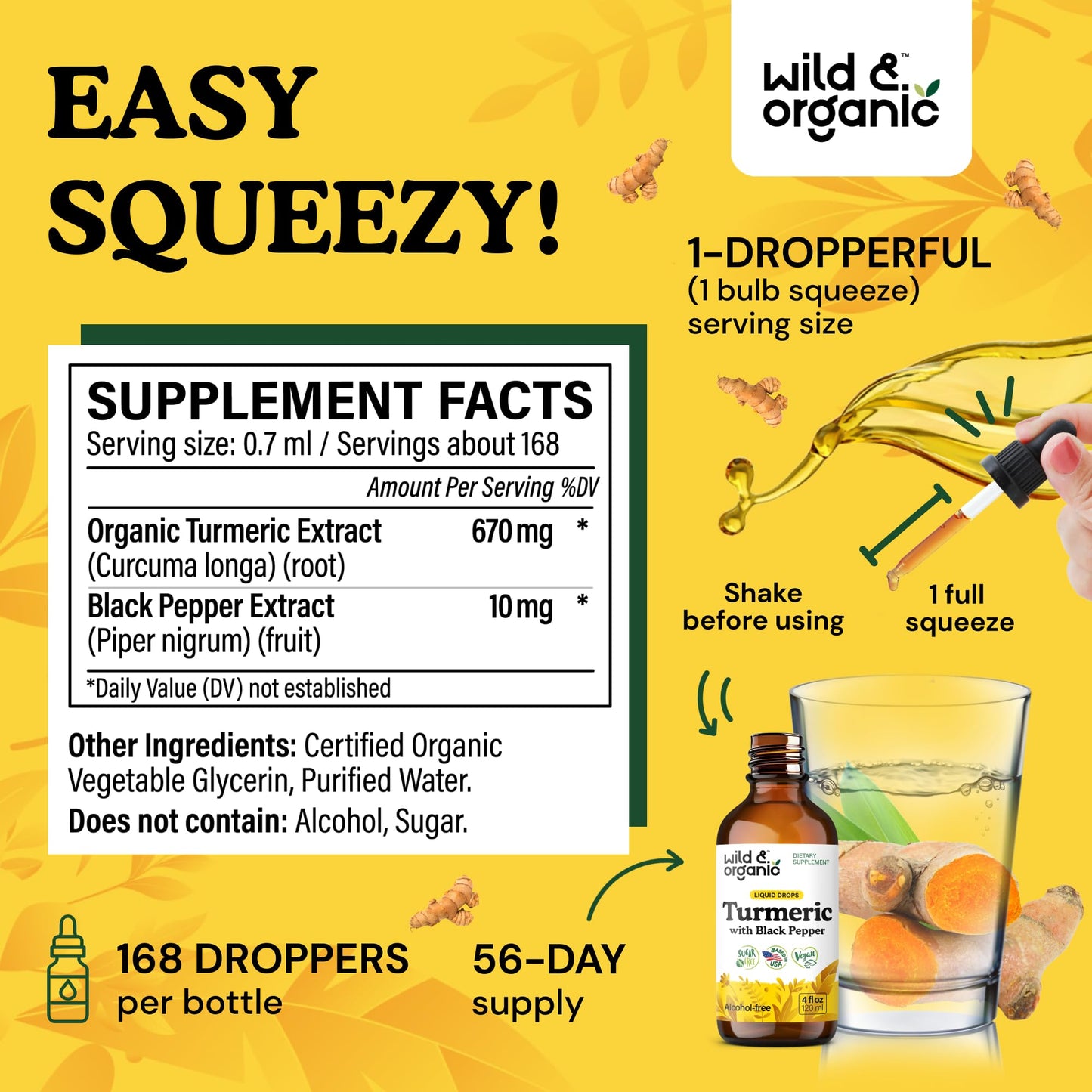 Wild & Organic Turmeric Supplement Liquid Drops - Movement & Immune Support - Liquid Turmeric with Black Pepper Extract - Add to Tea Tincture - Curcumin Supplements - Sugar & Alcohol-Free - 4 fl oz
