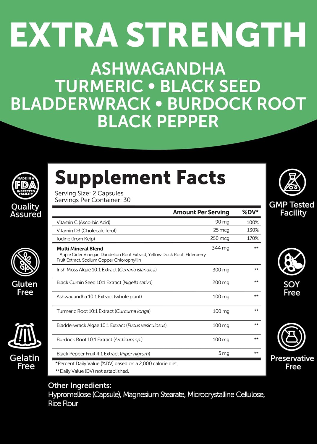 Lunakai USA Made Irish Sea Moss Capsules with Black Seed Oil, Ashwagandha, Burdock Root & Bladderwrack, 60ct