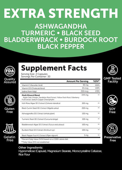 Lunakai USA Made Irish Sea Moss Capsules with Black Seed Oil, Ashwagandha, Burdock Root & Bladderwrack, 60ct