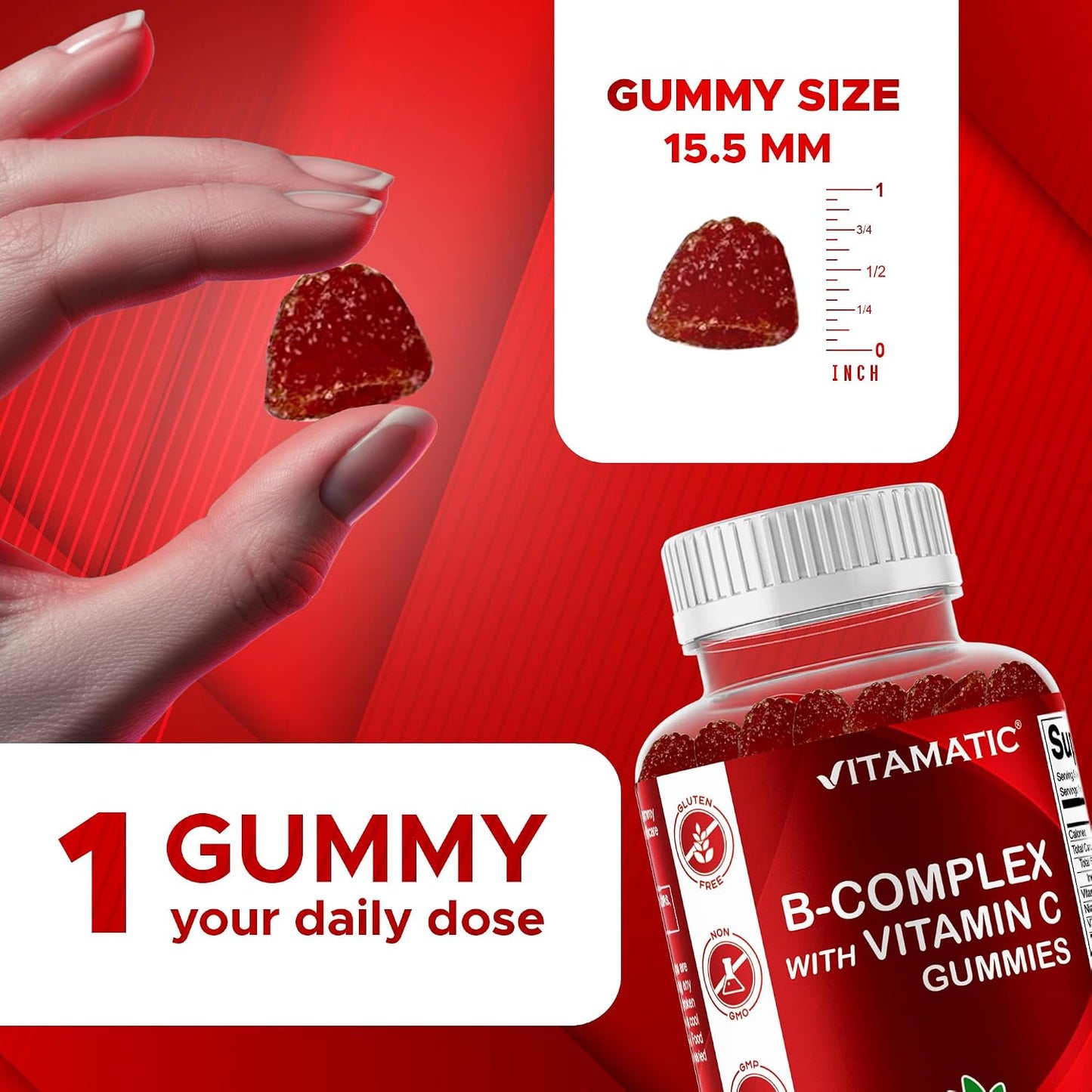 Vitamatic Vitamin B Complex Gummies with Vitamin C & Inositol - Natural Strawberry Flavor - 60 Gummies (1 Bottle)