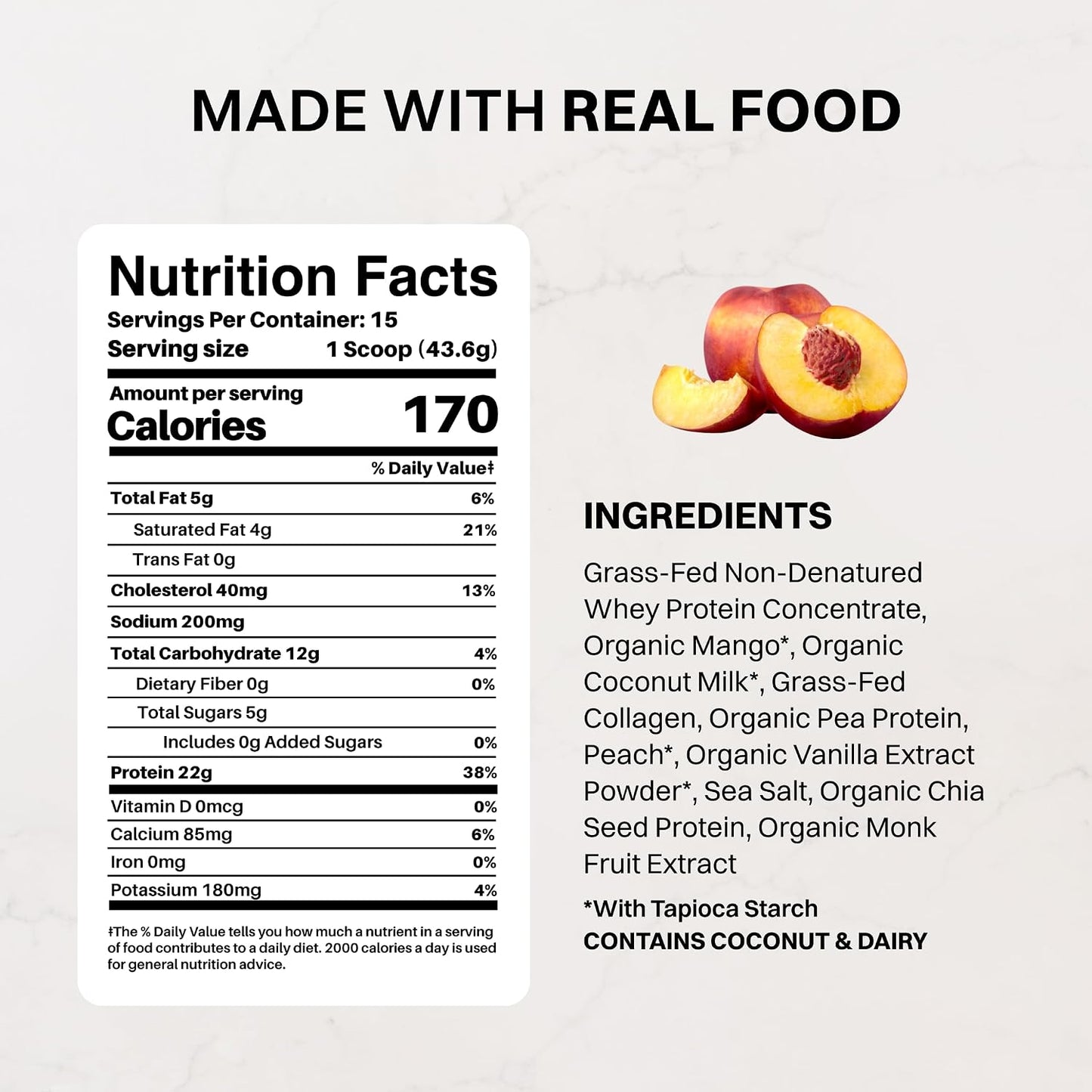 JUST INGREDIENTS Peaches & Cream Protein Powder, 15 Servings, 22g Protein from 4 Sources, Certified Grassfed New Zealand Whey Concentrate, Made with Real Food Ingredients, No Gums or Fillers