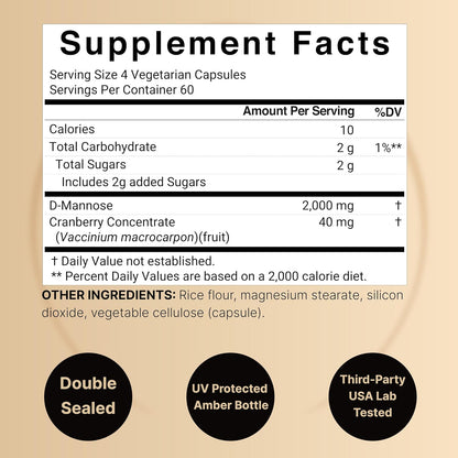 NatureBell D-Mannose 500mg Capsules (2,000mg Per Serving) | 240 Veggie Capsules + Cranberry Concentrate 40mg – Fast Acting Urinary Tract Health Pills – Ultra UTI Support for Women & Men