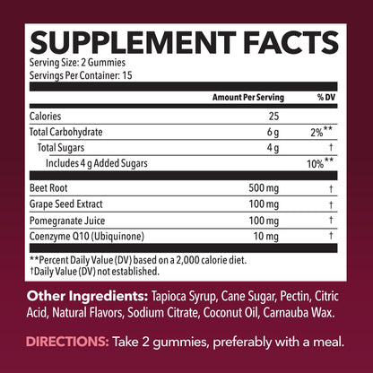 Beet Root Gummies with COQ10 and Grape Seed, Mixed Berry, 30 Servings | Nitric Oxide Supplement with Beetroot, Grape Seed Extract and COQ10 for Performance and Recovery, Vegan, Non-GMO, Gluten-Free