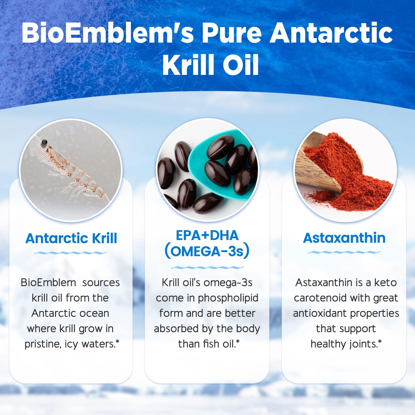 BioEmblem Antarctic Krill Oil Supplement | 1000mg Per Serving | Omega-3 Oil with High Levels of EPA + DHA, Astaxanthin, and Phospholipids | No Fishy Aftertaste | 60-Count Non-GMO Softgels