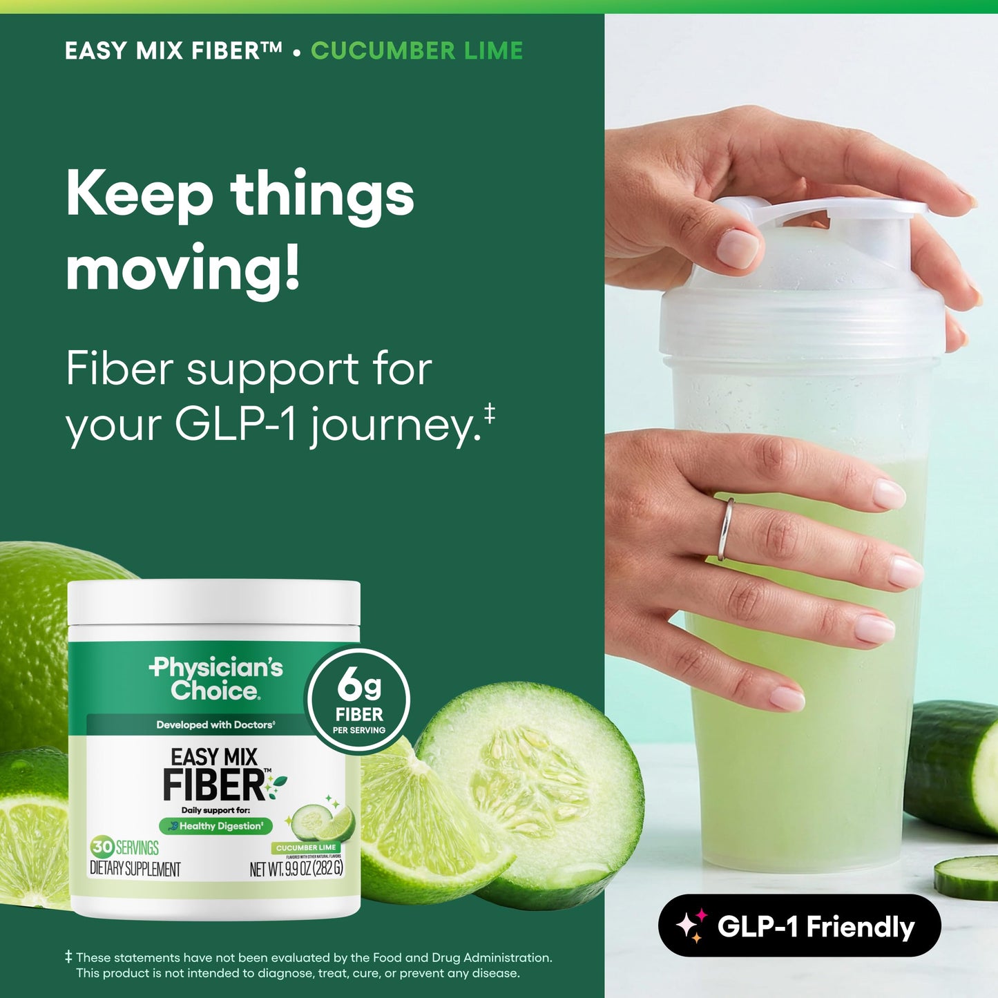 Physician's CHOICE Easy Mix Fiber for GLP-1 Support - No Grit & Sugar Free - Daily Prebiotic Soluble Fiber Powder Supplement - Digestive Health & Regularity - for Women and Men - Unflavored - 7.1oz