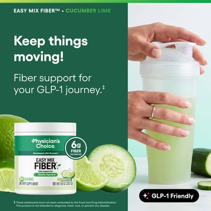 Physician's CHOICE Easy Mix Fiber for GLP-1 Support - No Grit & Sugar Free - Daily Prebiotic Soluble Fiber Powder Supplement - Digestive Health & Regularity - for Women and Men - Unflavored - 7.1oz