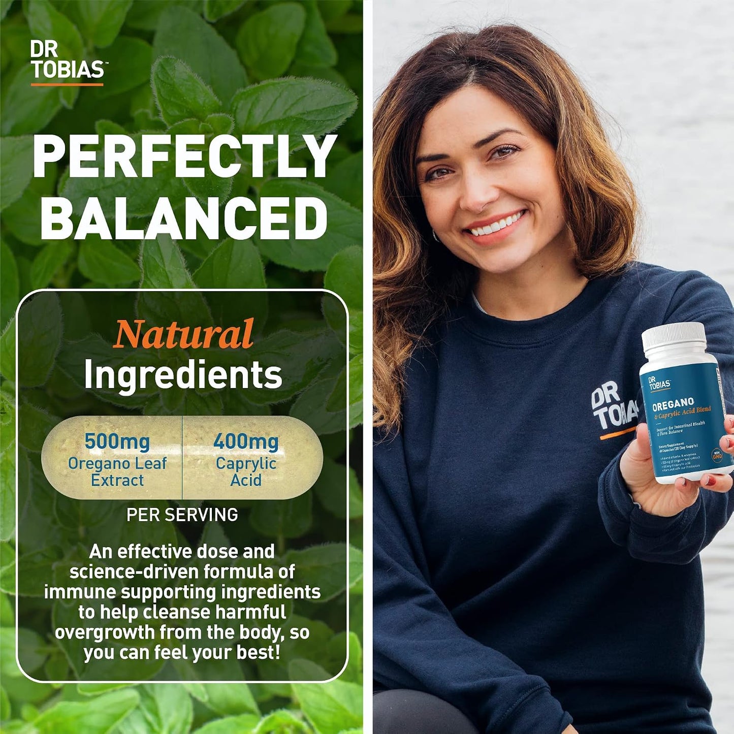 Dr. Tobias Oregano & Caprylic Acid Blend 60 Capsules | Oregano Capsules | Gut Flora Balance Complex & Intestinal Support | Oregano + Caprylic Acid | Probiotics + Enzymes | 30 Servings