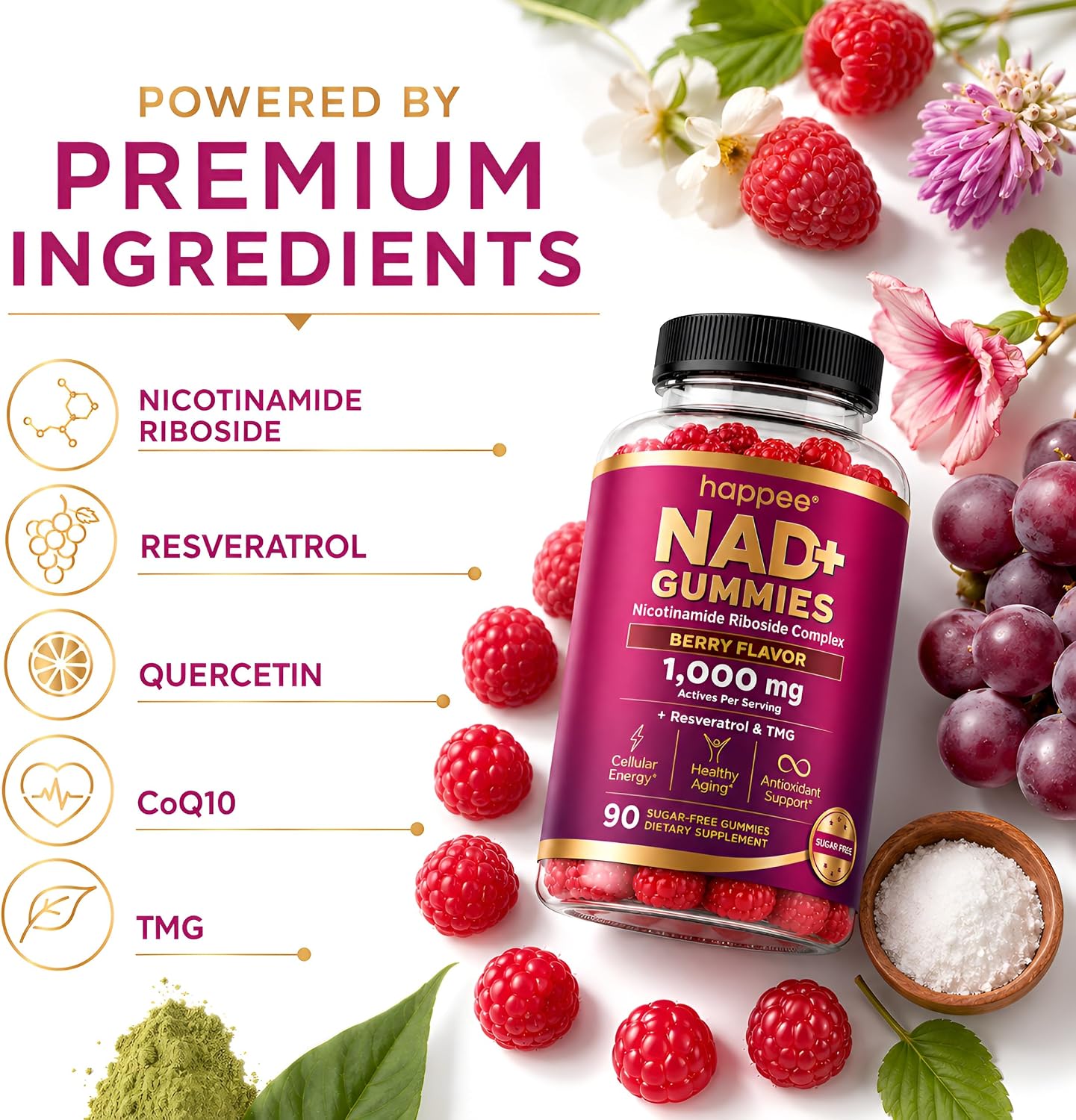 Happee NAD+ Gummies Supplement for Women & Men, Sugar-Free 1,000mg 90 Ct | Healthy Aging, Energy, & Focus 5-in-1 NAD Plus Resveratrol, Nicotinamide Riboside 500mg NR, TMG, Quercetin, & CoQ10