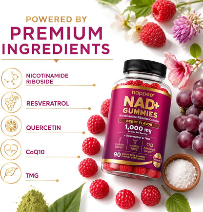 Happee NAD+ Gummies Supplement for Women & Men, Sugar-Free 1,000mg 90 Ct | Healthy Aging, Energy, & Focus 5-in-1 NAD Plus Resveratrol, Nicotinamide Riboside 500mg NR, TMG, Quercetin, & CoQ10