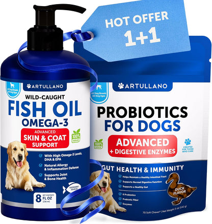 Dog Probiotic Chews + Salmon Oil Bundle - Probiotics & Prebiotics for Gut Health, Immunity, Yeast Balance, Reduces Diarrhea - Omega 3 with EPA & DHA for Skin, Coat, Joint & Allergy Support