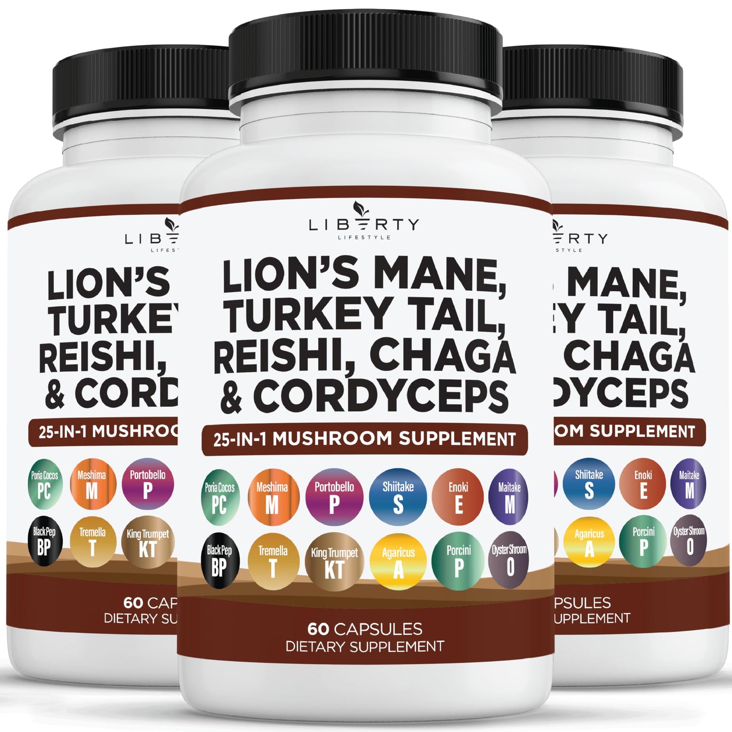Liberty Lifestyle Lions Mane Mushroom Supplement with Turkey Tail Reishi Cordyceps Chaga with Marshmallow Root - 2-Pack