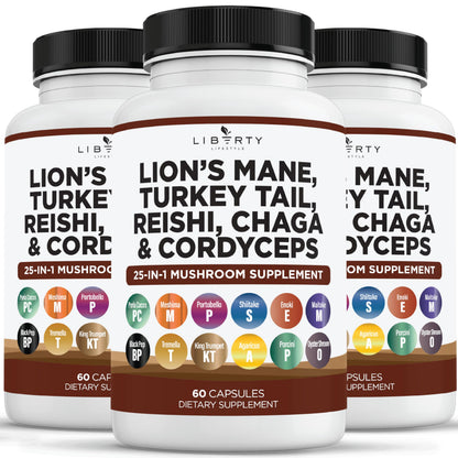Liberty Lifestyle Lions Mane Mushroom Supplement with Turkey Tail Reishi Cordyceps Chaga with Marshmallow Root - 2-Pack