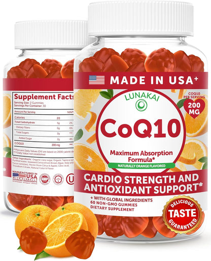 Lunakai USA Made CoQ10 Gummies for Adults – 200mg High Potency Coenzyme Q10 Supplement for Daily Heart, Energy & Antioxidant Support for Women & Men, Non-GMO, 60ct