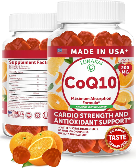 Lunakai USA Made CoQ10 Gummies for Adults – 200mg High Potency Coenzyme Q10 Supplement for Daily Heart, Energy & Antioxidant Support for Women & Men, Non-GMO, 60ct