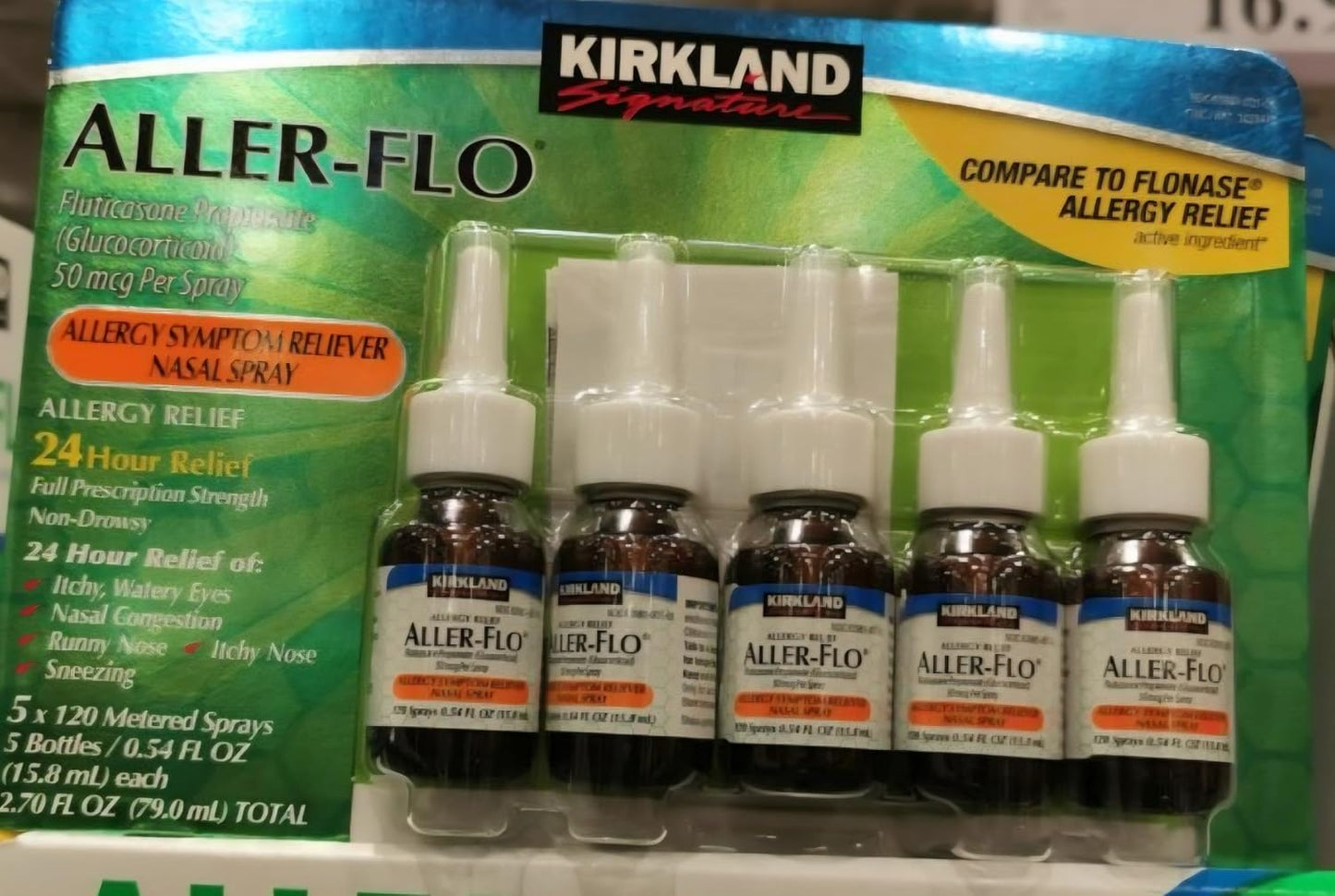 Kirkland Signature Aller-Flo Fluticasone Propionate (Glucorticoid) 5 Bottles x 120 Metered Sprays 0.54 Fl OZ per Bottle (15.8 mL x 5) 2.70 OZ Total (79 mL Total) 600 Total Sprays Total, 1-Pack