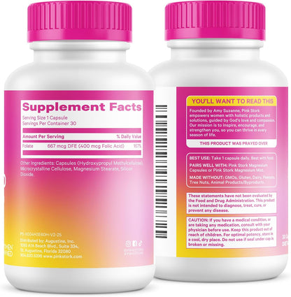 Pink Stork Folic Acid Supplement for Women – 400mcg, 30 Capsules | Daily Vitamin B9, Prenatal & Fertility Support, Supports Red Blood Cell Formation & Energy, Vegetarian