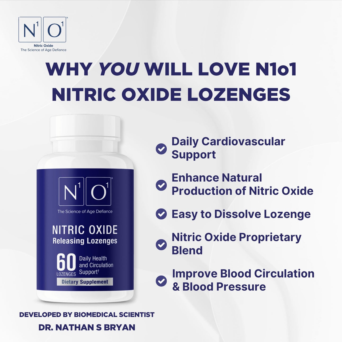 N1O1 Nitric Oxide Lozenges Supplement, 120 Count, 60-Day Supply | Developed by Dr. Nathan S. Bryan; Orange Flavor; Dissolvable Lozenges; Daily Nitric Oxide Support