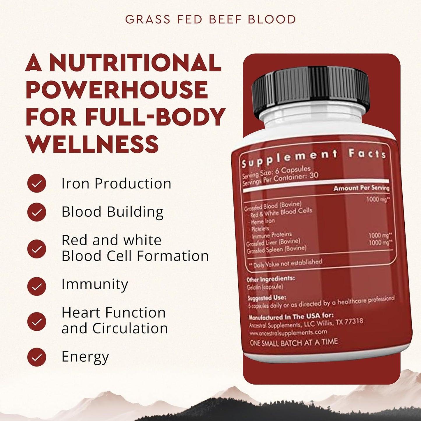 Ancestral Supplements Blood Health Supplement, Organ Formula, 500mg, 180 Ct | Beef blood, spleen and liver supplement supports red and white blood cell formation, immune health and heart health together.