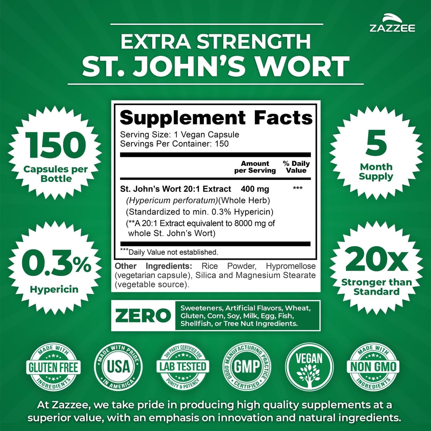 Zazzee Extra Strength St. John’s Wort 20:1 Extract, 0.3% Hypericin, 150 Vegan Capsules, 5 Month Supply, Hypericum Perforatum, Mood & Emotional Wellness Support, Herbal Supplement, Non-GMO, Made in USA