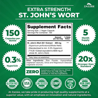 Zazzee Extra Strength St. John’s Wort 20:1 Extract, 0.3% Hypericin, 150 Vegan Capsules, 5 Month Supply, Hypericum Perforatum, Mood & Emotional Wellness Support, Herbal Supplement, Non-GMO, Made in USA