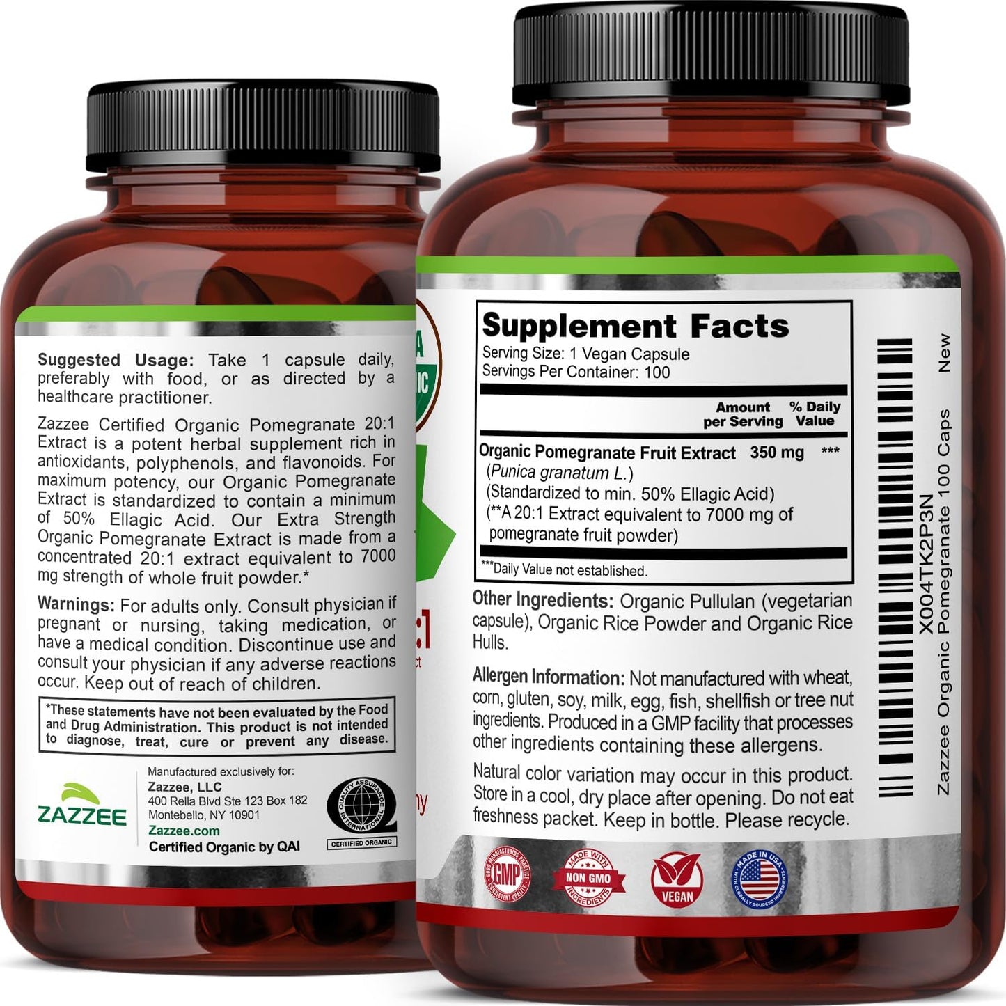 Zazzee USDA Organic Pomegranate 20:1 Extract, 50% Ellagic Acid 100 Capsules | Vegan, 3+ Month Supply, Punica Granatum, Antioxidant, Immune & Polyphenol Support, All-Natural, Non-GMO, Made in the USA