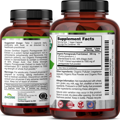 Zazzee USDA Organic Pomegranate 20:1 Extract, 50% Ellagic Acid 100 Capsules | Vegan, 3+ Month Supply, Punica Granatum, Antioxidant, Immune & Polyphenol Support, All-Natural, Non-GMO, Made in the USA