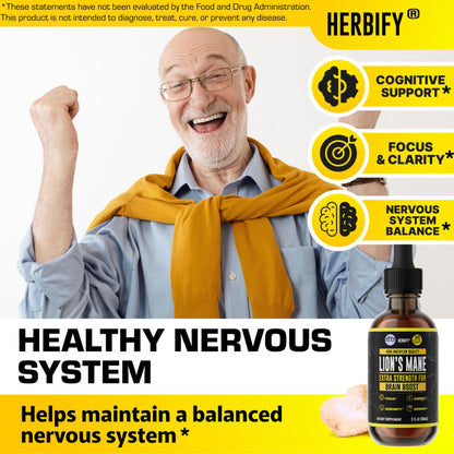 HERBIFY Lions Mane Supplement - Daily Mushroom Supplement for Memory, Focus & Clarity - Brain Booster - Lions Mane Tincture for Immune Support - 4 Fl oz