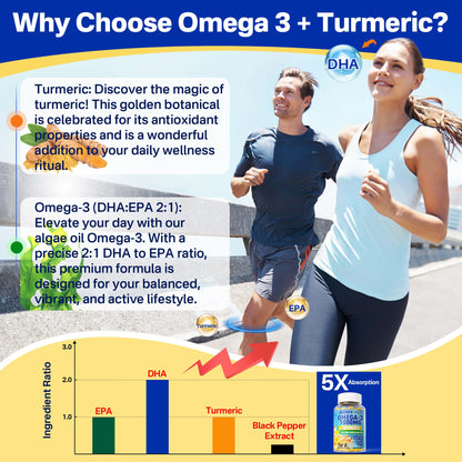 Omega-3 Gummies + Turmeric - Omega 3 Fish Oil Alternative for Adults - Algae DHA 600mg & EPA 300mg, Vitamins A, C, E, Zinc & MSM, Sugar Free, 60 Cts